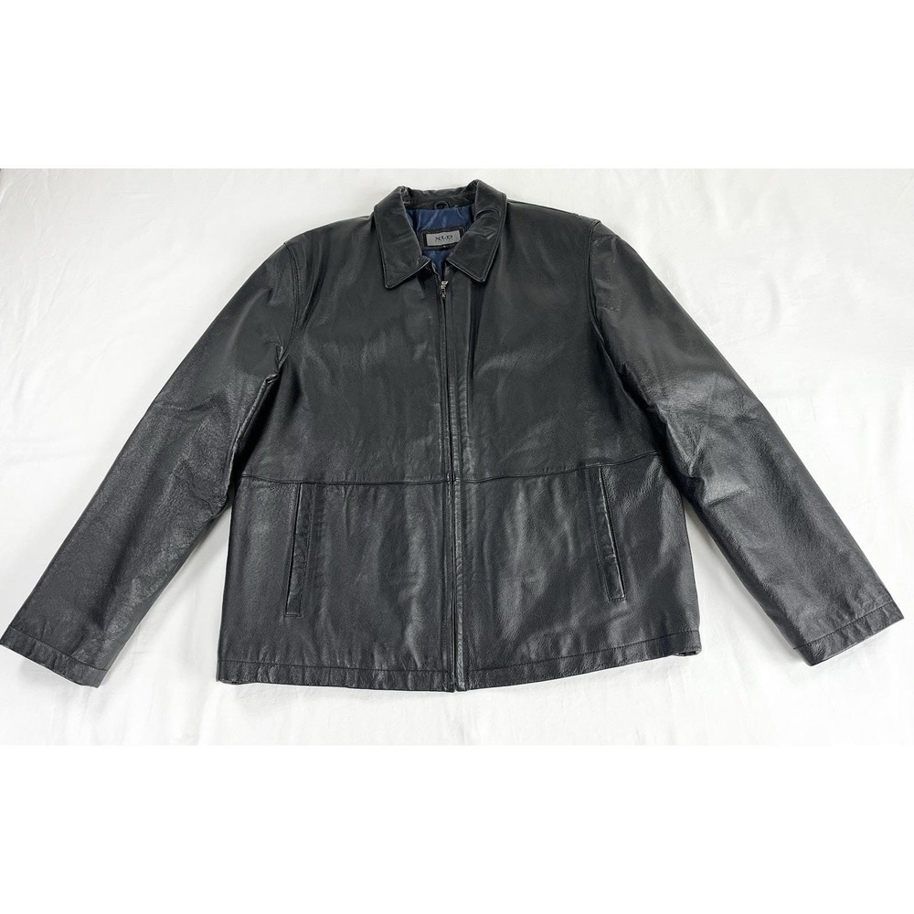 Vintage XLD Black Leather Jacket Mens Large Y2K Zip Up Minimalist Coat Moto L